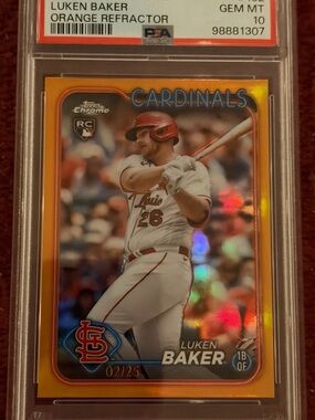 2024 Topps Chrome Luken Baker Orange Refractor RC /25 #132 PSA 10 POP 1